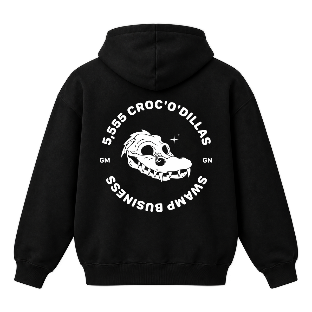 Zadní strana černé Dillas Croc’O’Dillas hoodie s bílým artworkem