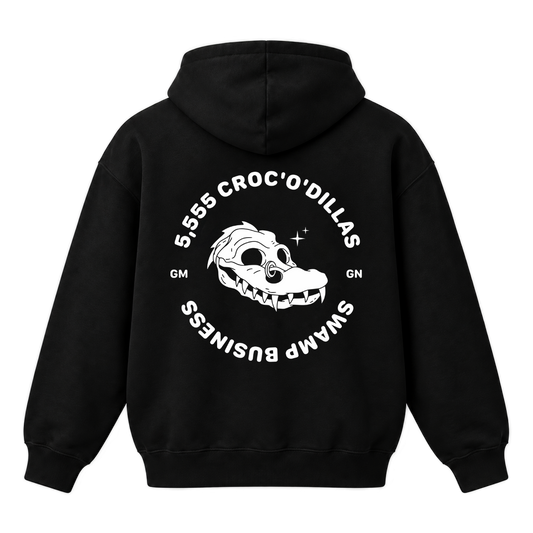 Zadní strana černé Dillas Croc’O’Dillas hoodie s bílým artworkem