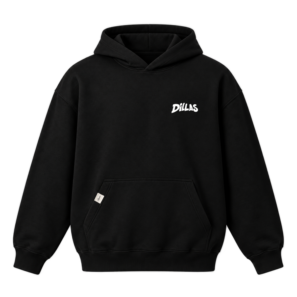 Přední strana černé Dillas hoodie s bílým logem na hrudi